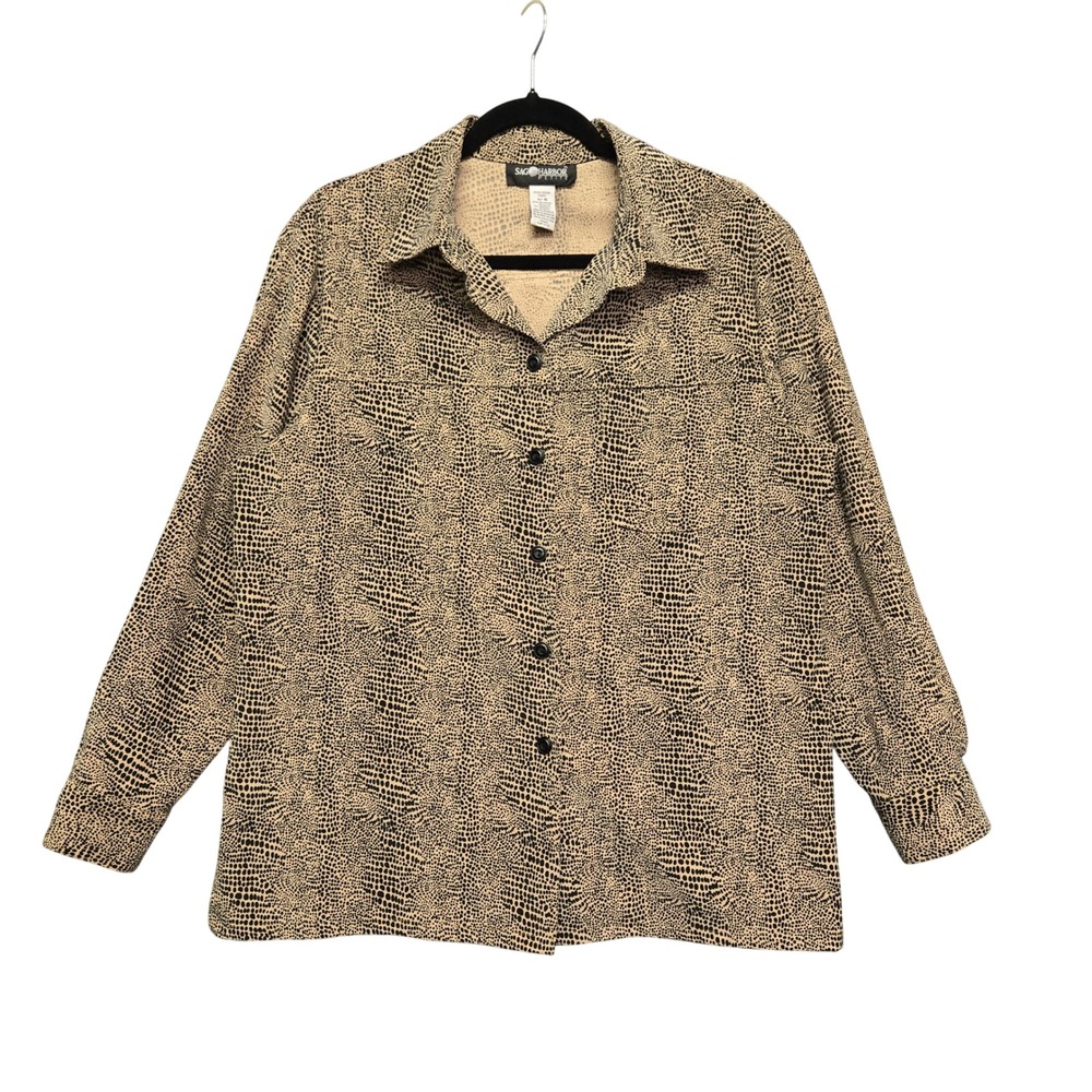 Vintage Mobwife Office Button Up Blouse Animal Print 16P Tan Long Sleeve Shirt